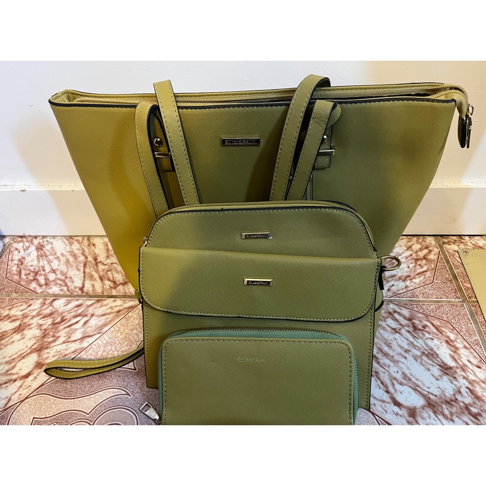 Elim & Paul 3 Piece Handbag Set Olive Green Tote Crossbody Wallet Saffiano Vegan